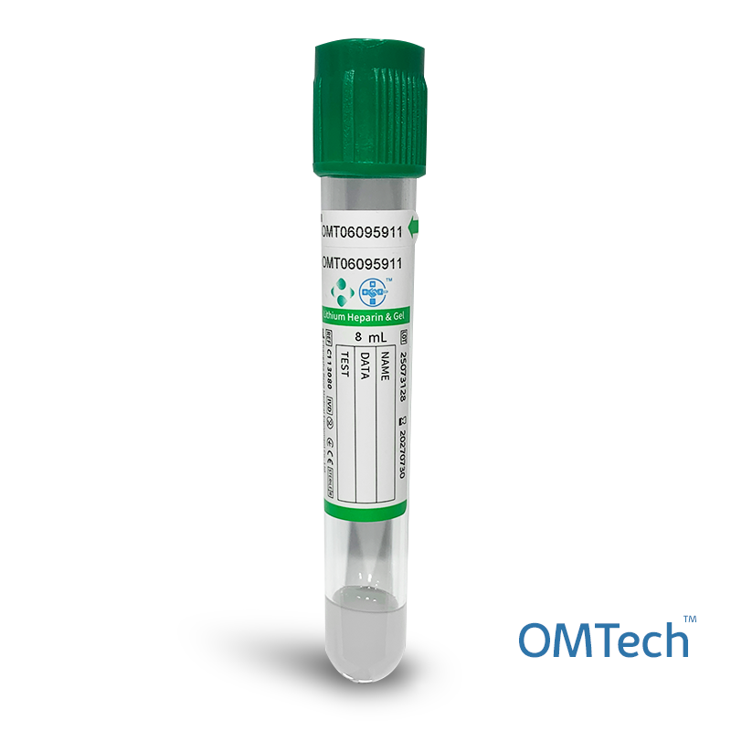 Пробірка вакуумна для забору крові "OMTech", з літій гепарин та гелем, стерильна, з зеленою кришкою, 8 мл, 16*100 мм